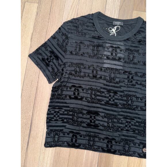 Chanel 21C Black Flocked Velvet CC Logo Top Short Sleeve Tee T Shirt S Small - Picture 6 of 16